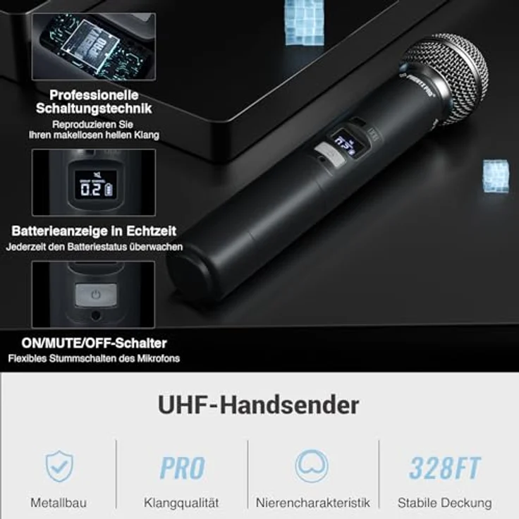 Phenyx Pro PTU-71-2H, UHF Funkmikrofon-System mit Dual Auto Scan, 290ft Reichweite, inklusive 2 Handmikrofone – Bild 4