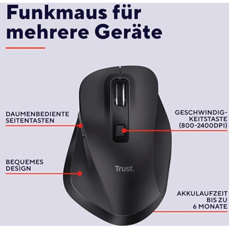 Trust Fyda Kabellose Bluetooth Maus mit 2.4GHz, Ergonomische Daumenauflage, 800-2400 DPI, 50% Recyclingkunststoff, Aufladbar, für Laptop, PC, iOS, Android, Mac – Bild 2