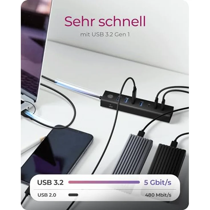 ICY BOX IB-HUB1737-C3, 7-Port USB-Hub mit 4x USB 3.2 Gen 1 Type-A und 3x USB-C, Aluminiumgehäuse in Schwarz, bis zu 5 Gbps Datenübertragung – Bild 5