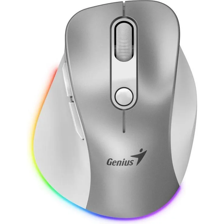 Genius Ergo 9000S Pro, Ergonomische optische Maus für Rechtshänder, 2400 DPI, kabellos über USB und Bluetooth, Silber