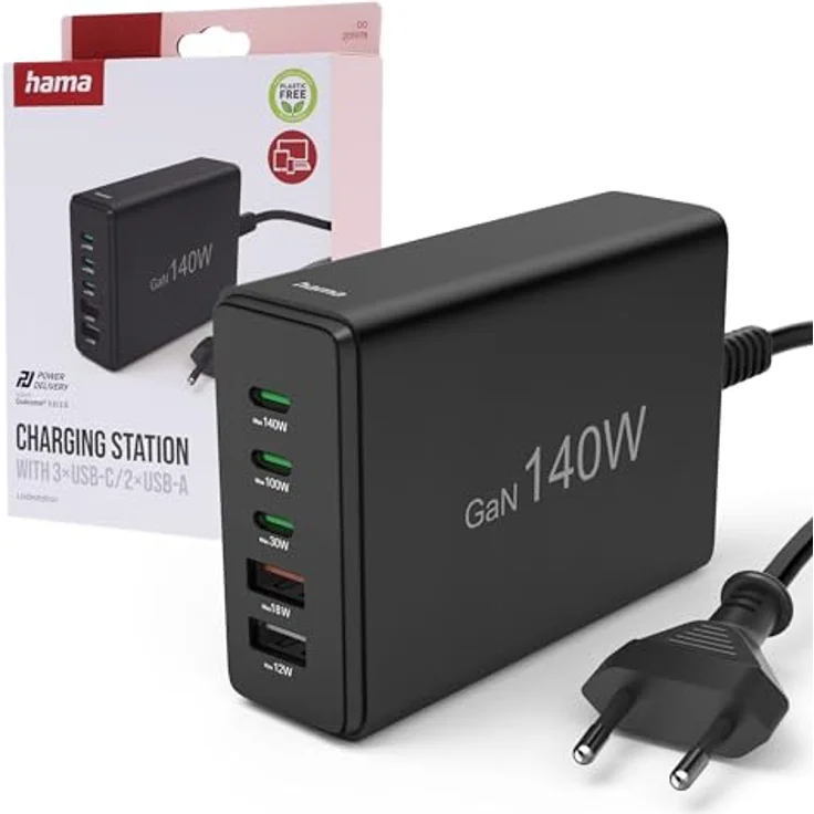 Hama Ladestation 5 Ports, GaN Schnellladegerät mit 3xUSB-C und 2xUSB-A, PD, 140 W, schwarz – Bild 2