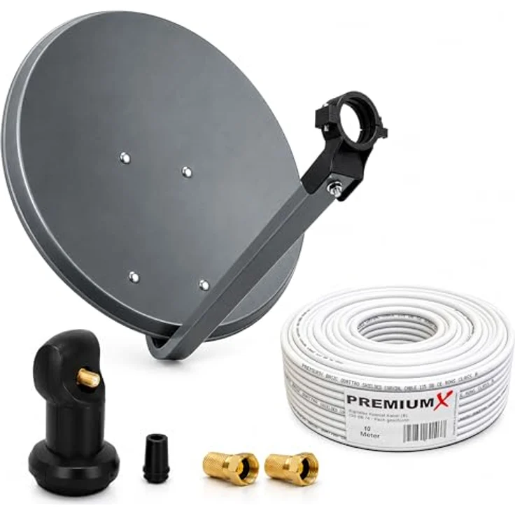 PremiumX Camping Sat Anlage 45 cm, Stahl Antenne mit Single LNB, HD-fähig, inkl. 10m Koaxial Kabel und 2x F-Stecker, anthrazit – Bild 1