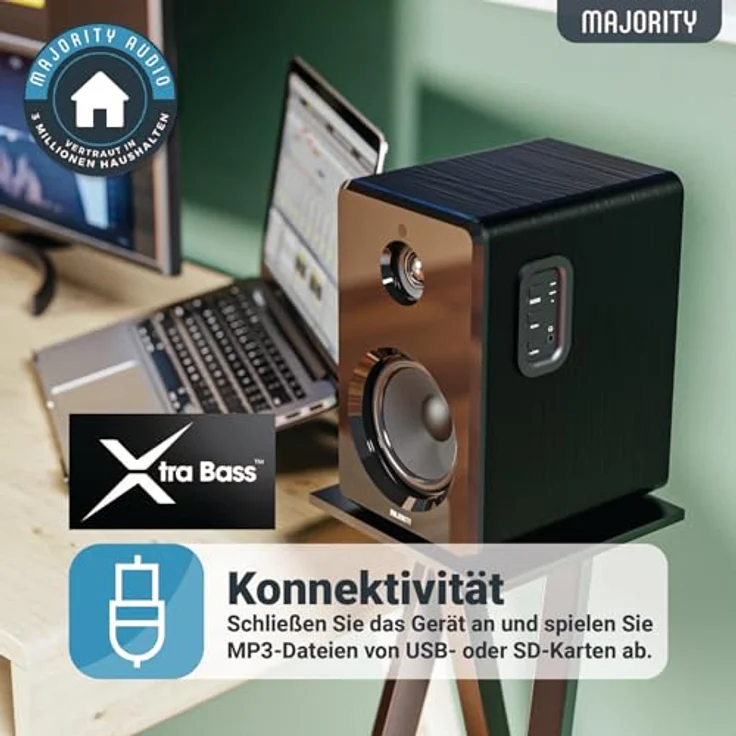 MAJORITY D40 Bluetooth Lautsprecher Boxen | 60W 2.0 Aktivlautsprecher | Studio Monitor mit 4"-Treiber | Regallautsprecher für HiFi Stereo in Holzoptik | Optischer, RCA-, USB- und AUX-Eingang | Fernbedienung – Bild 5