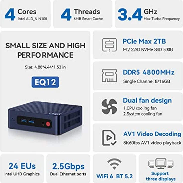 Beelink EQ12 Business Mini PC, Intel 4 Core N100 Prozessor, Wi-11 Pro 16GB DDR5 500G SSD, 4K Dual HDMI2.0, 2.4G/5G WiFi, USB 3.0, Type-C, Dual Gigabit Ethernet, Auto Power on/Wake on LAN – Bild 3