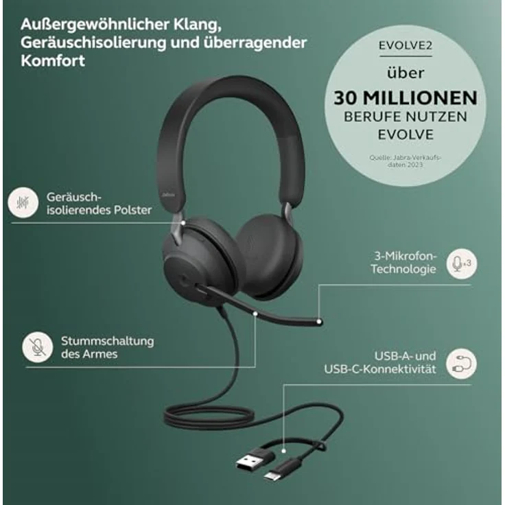 Jabra Evolve2 40 SE, USB-C / A schnurgebundenes Stereo Headset mit Busylight, zertifiziert für Microsoft Teams, maximaler Tragekomfort – Bild 2