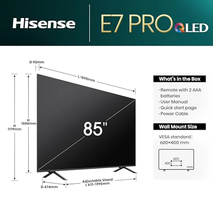 Hisense 85E7NQ Pro 85 Zoll 4K UHD QLED Smart TV, Dolby Vision IQ Atmos, Game Mode PRO, Alexa Built-In, Dunkelgrau [2024] – Bild 2