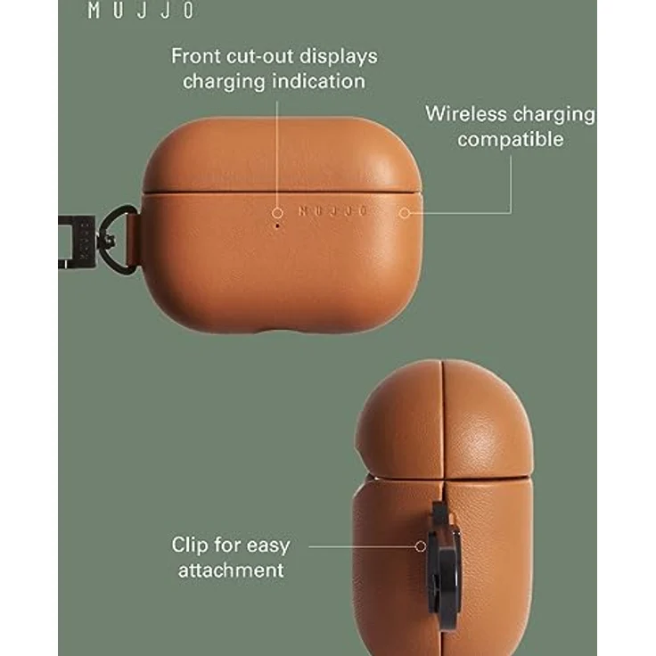 Mujjo Echelon Leather AirPods Pro (1 & 2) Hülle Tan - Hochwertiges pflanzlich gegerbtes Leder, Kabellose Ladekompatibilität – Bild 2