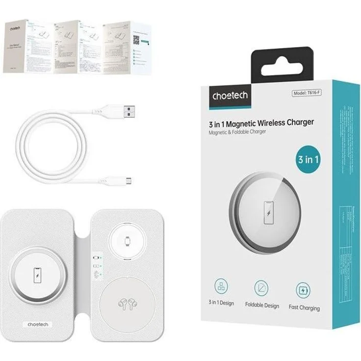 Choetech T616-F 3-in-1 Wireless Charger, kabelloses Ladegerät mit 15W für iPhones und 10W für andere Modelle, weiß