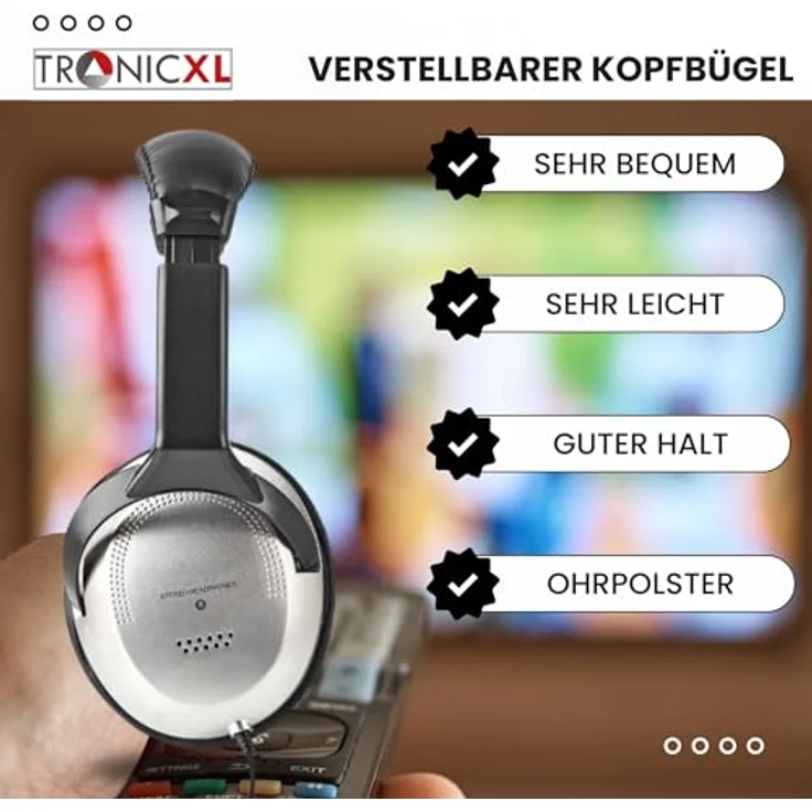 TronicXL Fernsehkopfhörer Kopfbügel Kopfhörer I 6m langes Kabel I Stereo TV Fernseh Headphones Fernseher PC HiFi I Bügel Kopfhörer 3,5mm Klinke 6,35mm Klinkenstecker - Schwarz – Bild 3