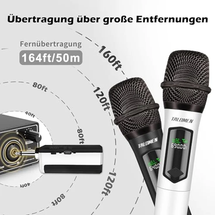 talomen Kabelloses Quad-Mikrofonsystem K604, 2,4 GHz, wiederaufladbar, mit Empfänger, für Gesang und Partys, in Weiß, Silber, Grau und Schwarz – Bild 5