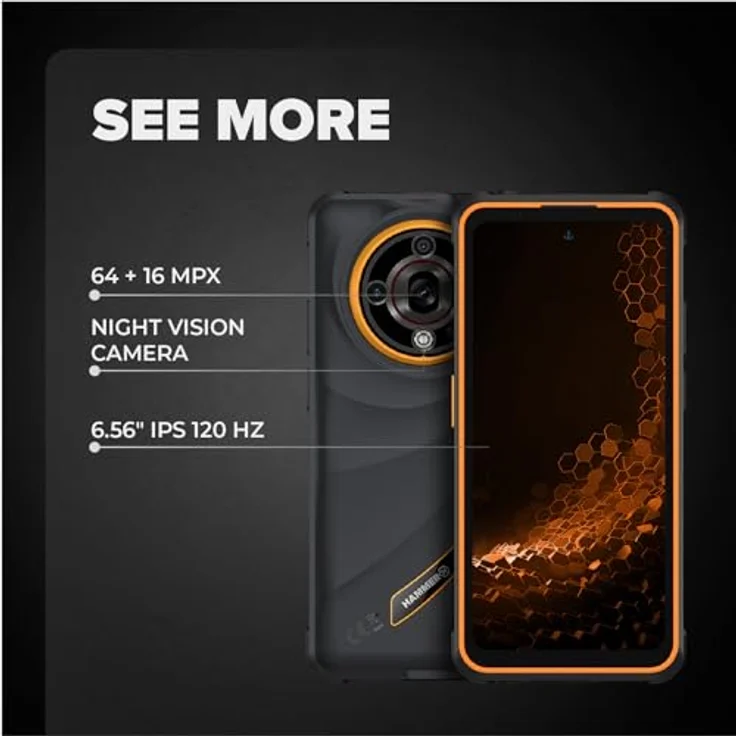Hammer Iron 6 5G, Outdoor Handy mit 8GB RAM, 256GB Speicher, 6.56" 120Hz Display, IP69, 6050mAh Akku, Dual SIM, NFC – Schwarz-Orange – Bild 4