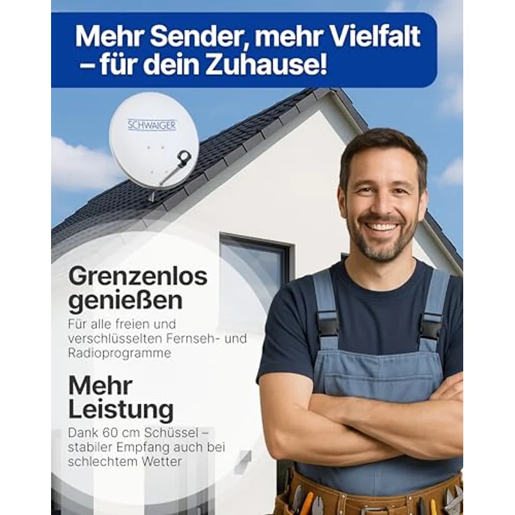 SCHWAIGER Satellitenschüssel Komplettset Ø 60 cm, Stahl Offset Antenne in Hellgrau, inkl. sonnengeschütztem Twin LNB, HD & 4K Empfang, hitzebeständig & wetterfest – Bild 2