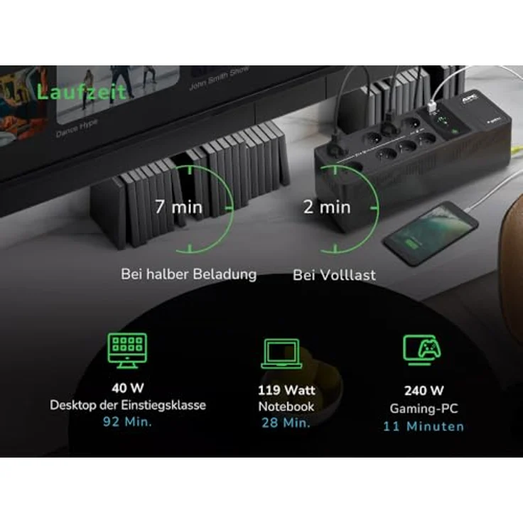 APC BE1050G2-GR UPS für Zuhause, 1050VA UPS Batterie-Backup mit 8X Schuko CEE 7/3 Steckdosen, 2 USB-Ladeanschlüssen, Back-UPS Unterbrechungsfreie Stromversorgung, schwarz – Bild 4