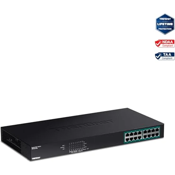 TRENDnet 16-Port-Gigabit-PoE + -Switch, 16 x Gigabit-PoE + -Ports, TPE-TG160g, 246 W PoE-Leistungsbudget, 32-Gbit - s-Switching-Kapazität, Desktop-Switch, Ethernet-Netzwerk-Switch, Metall – Bild 6