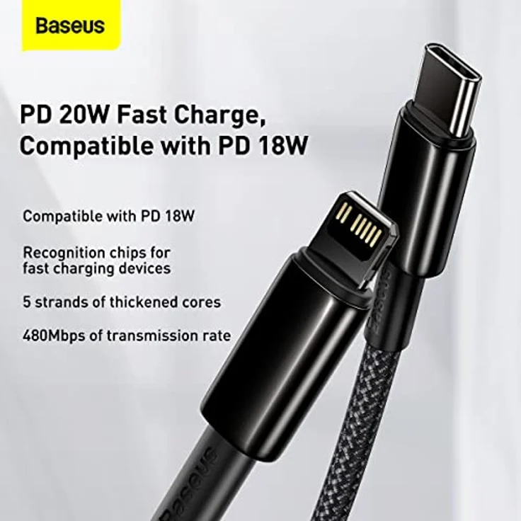 Baseus USB Type C Kabel CATLWJ-A01, 20 W Fast Charging, 2 m, schwarz, Nylon geflochten, robuste Zinklegierung, Datenübertragung 480 Mbit/s – Bild 3