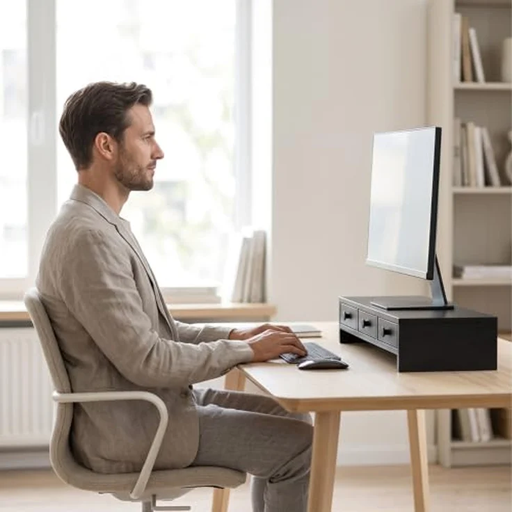 relaxdays Monitorständer mit 3 Schubladen, ergonomische Bildschirmerhöhung für Büro und Home Office, schwarz – Bild 5