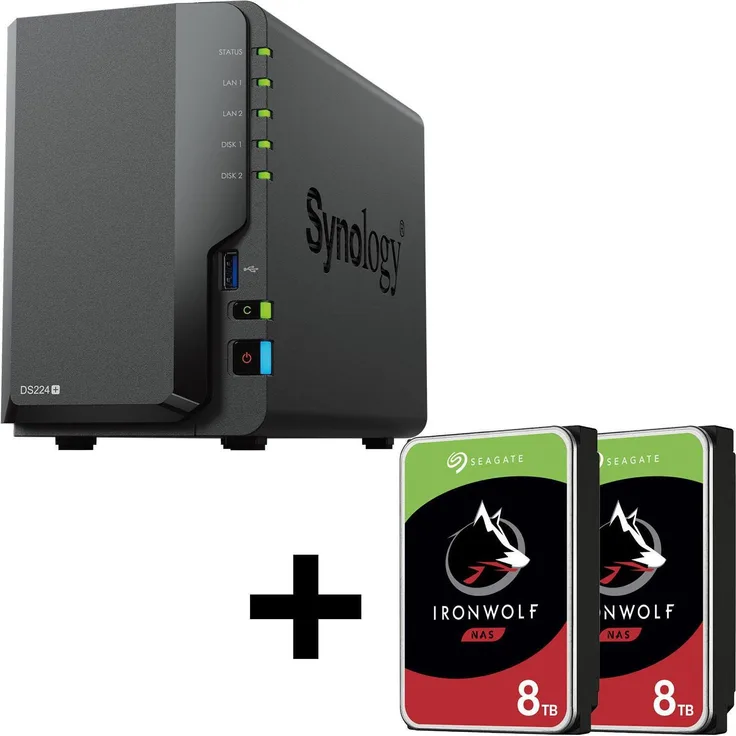 Synology DiskStation DS224+, NAS-Server mit 2 Einschüben, 16TB (2x8TB) Seagate Ironwolf SATA, Intel Celeron Prozessor, Leergehäuse