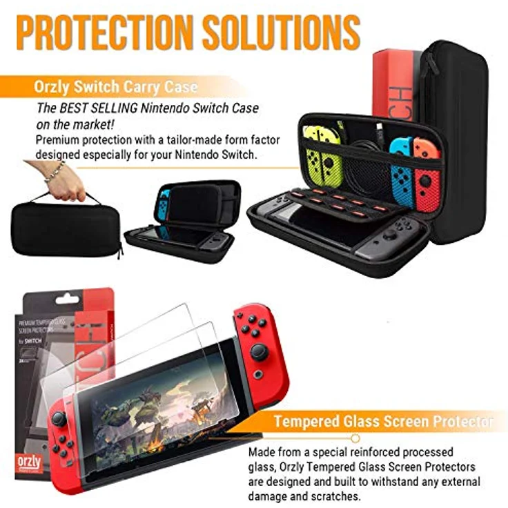 Orzly Zubehörpaket-Switch - Geek Pack für Nintendo Switch: Tragetasche & Displayschutzfolie, Joycon Grips & Lenkrad, JoyCon/Pro-Controller-Ladestation, Comfort Grip Tasche & More - JetBlack - Preisvergleich – Bild 3