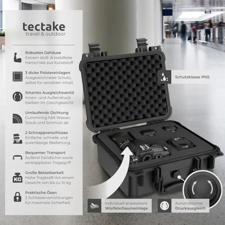 tectake® Universalbox M, wasserdichte Hardcase Box mit Schaumstoffeinlage, abschließbar, stoßfest und drucksicher für Foto, Kamera, Waffe oder Werkzeug – Bild 2