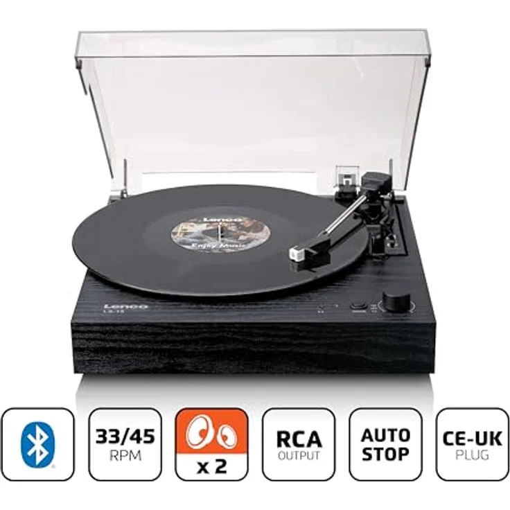 Lenco LS-15BK Plattenspieler - Bluetooth® Empfang & Übertragung, AT3600L Tonabnehmer, Riemenantrieb - Schwarz – Bild 3