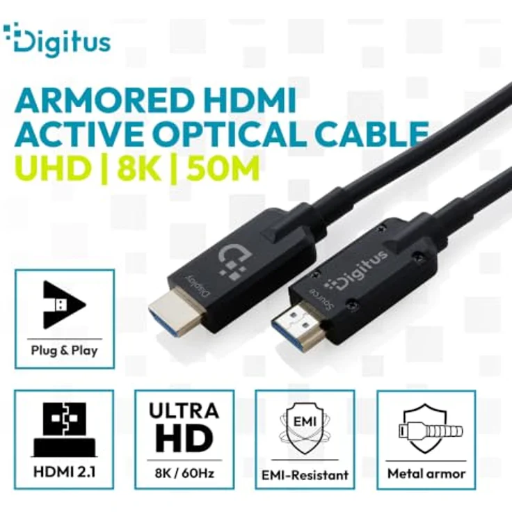 DIGITUS Glasfaser HDMI-Kabel, 50 m, UHD 8K 60Hz, 4K 120Hz, HDMI 2.1, aktive Glasfasertechnik, robust mit Metallarmierung – Bild 2