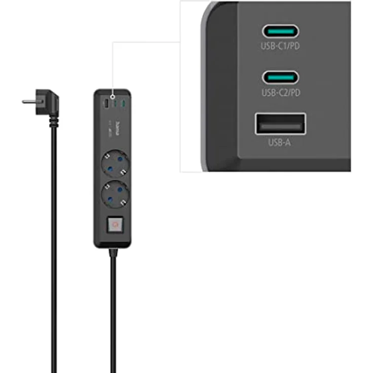Hama 5in1 Steckdosenleiste mit USB 65W Ladegerät (2 Steckdosen, 1 USB-A, 2 USB-C, Laptop USB C Ladegerät 65W per USB ohne Netzteil Schnellladefunktion PD, Mehrfach-Steckleiste mit Schalter, 1,4m) grau – Bild 4