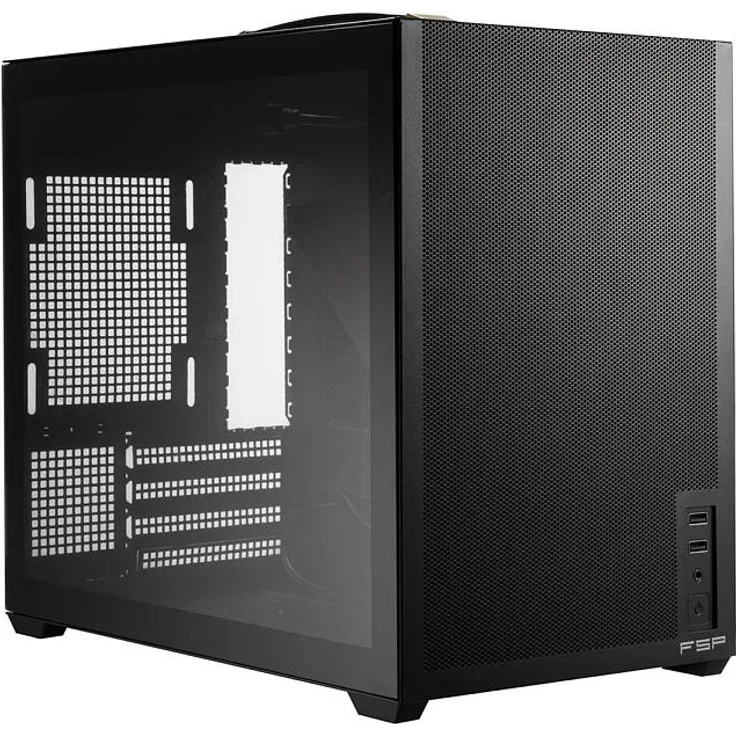 FSP S210-B Mini Tower Gehäuse, mITX/mATX, Schwarz, mit seitlichem Glasfenster und Unterstützung für 240-mm-Flüssigkeitskühler