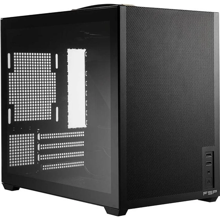 FSP S210-B Mini Tower Gehäuse, mITX/mATX, Schwarz, mit seitlichem Glasfenster und Unterstützung für 240-mm-Flüssigkeitskühler