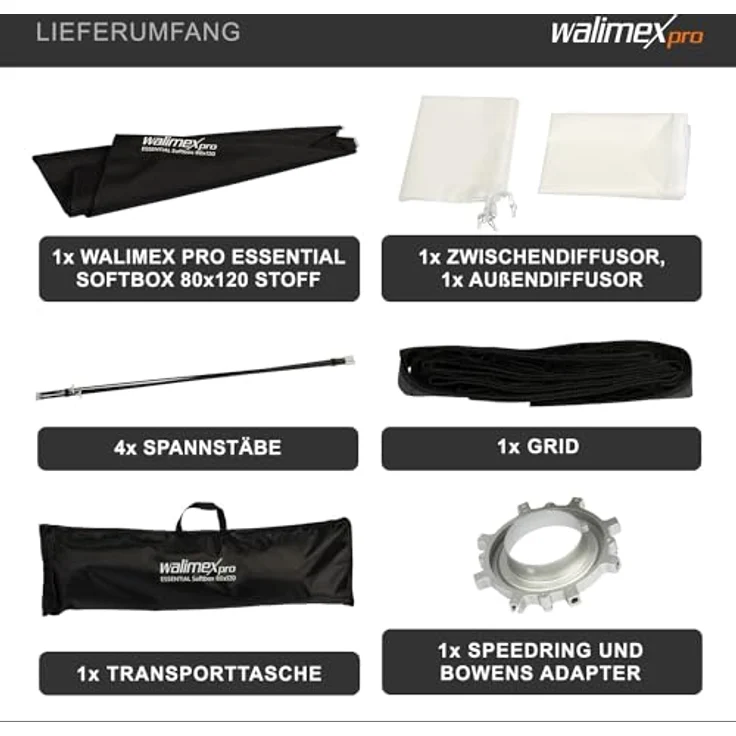 Walimex pro Essential Softbox 80x120cm, um 360° drehbar, inkl. Grid, Bowens Adapter und Transporttasche, ideal für Produkt- und Peoplefotografie – Bild 5