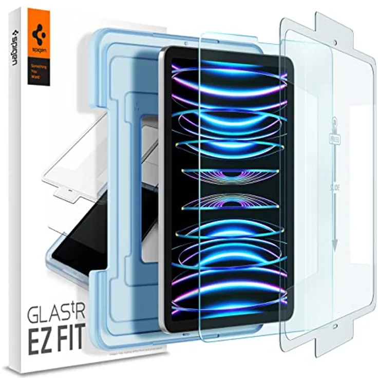Spigen Glas.tR EZ Fit Schutzglas kompatibel mit iPad Pro 11 Zoll M2 (2022), iPad Pro 11 Zoll (2021/2020/2018), iPad Air 5 (2022), iPad Air 4 (2020), Installationsschablone, Kristallklar, 9H Folie