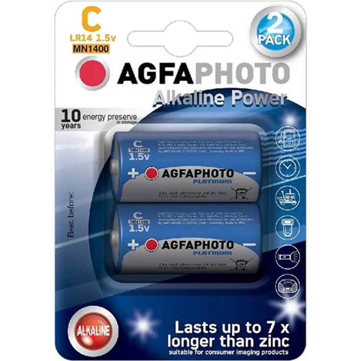 AgfaPhoto Power Alkalibatterie LR14/C, 1,5 V, 2er Blister, langlebig bis 10 Jahre für Kinderspielzeug und Haushaltsgeräte