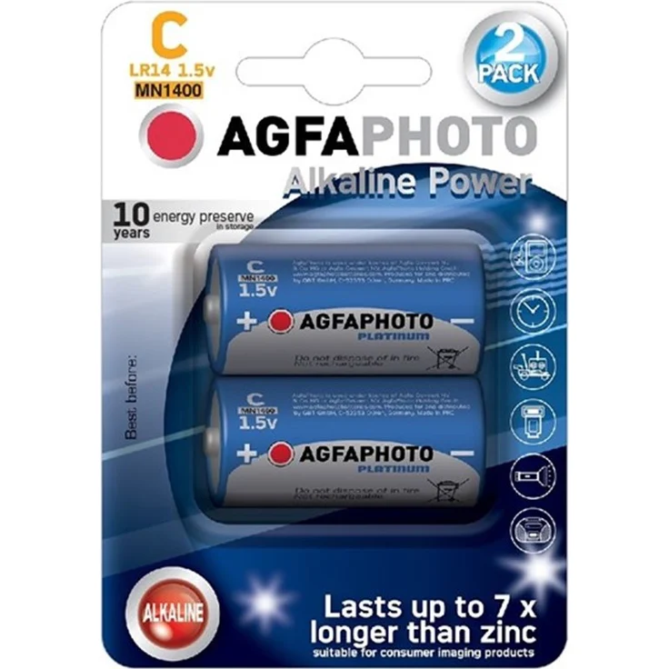 AgfaPhoto Power Alkalibatterie LR14/C, 1,5 V, 2er Blister, langlebig bis 10 Jahre für Kinderspielzeug und Haushaltsgeräte