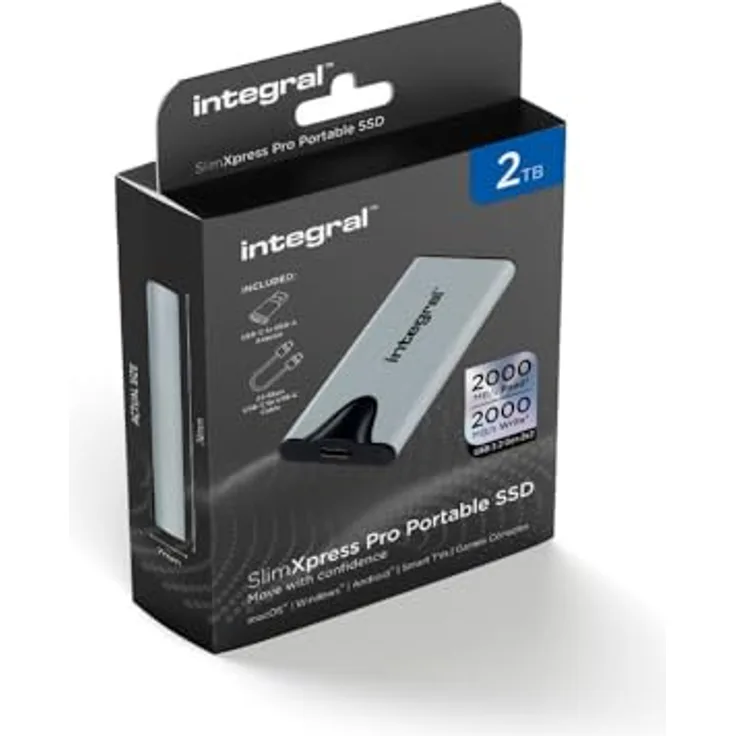 Integral 2TB SlimXpress Pro Tragbare SSD mit USB 3.2 Gen 2x2 - Super schnelle 2000MB/s Lesegeschwindigkeit und Schreibgeschwindigkeit. Plug & Play. Kompatibel mit Mac, PC, Android, Xbox & Playstation