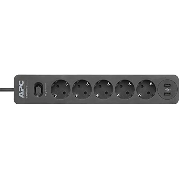 APC Surge Protector - PME5U2B-GR - Steckdosenleiste mit Überspannungsschutz (5-fach Stecker Schuko, schaltbar, 2 USB-Ladeausgänge - Farbe: schwarz) – Bild 4