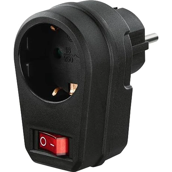 Steckdosenadapter, Schutzkontakt-Steckdose, Schalter, Schwarz – Bild 1