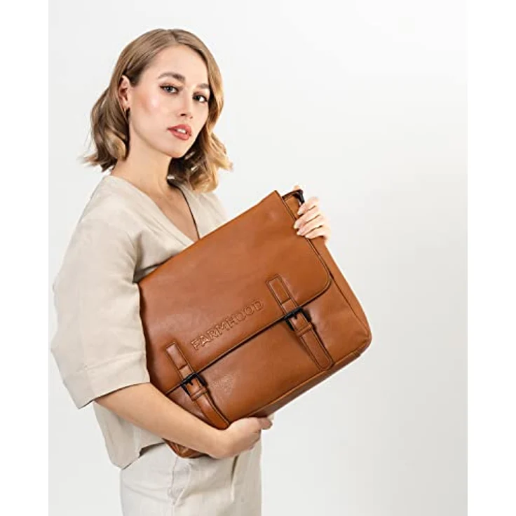 Farmhood Memphis Aktentasche, Leder Messenger mit Laptopfach für 38 cm Geräte, cognac – Bild 3