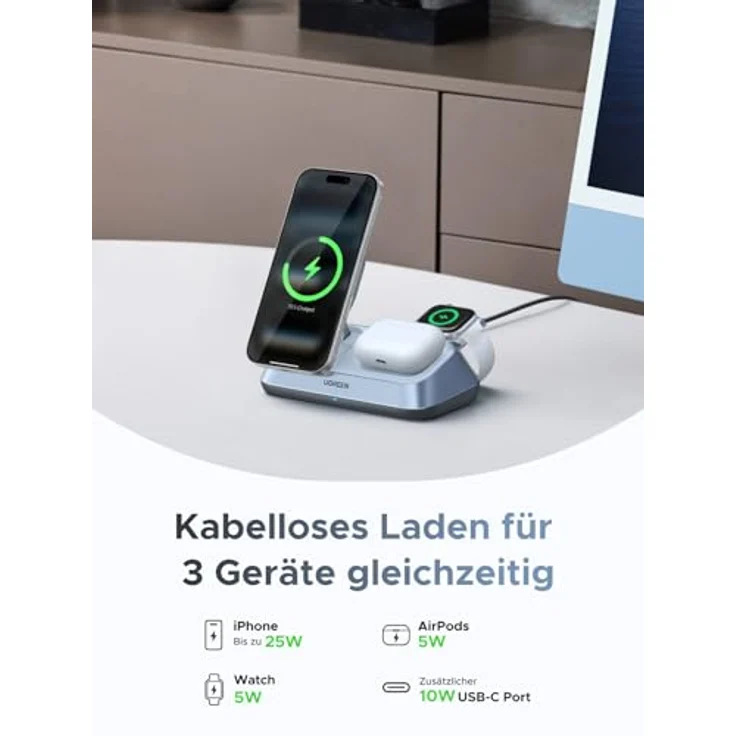 UGREEN 3-in-1 Magnetic Wireless Charger, Qi2 25 W, MagSafe-kompatibel, zusammenklappbar, Blau – Bild 3