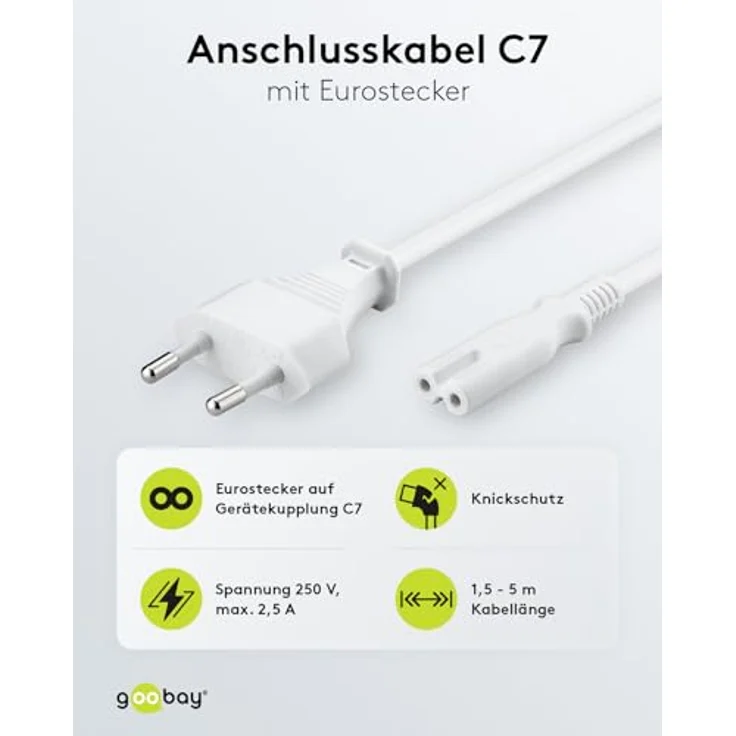Goobay 51326 Euro Anschlusskabel, Netzkabel, Stromkabel, 2 adrig, Eurostecker (Typ C, E 7-16) > Gerätebuchse C7, 1,5m, weiß – Bild 2