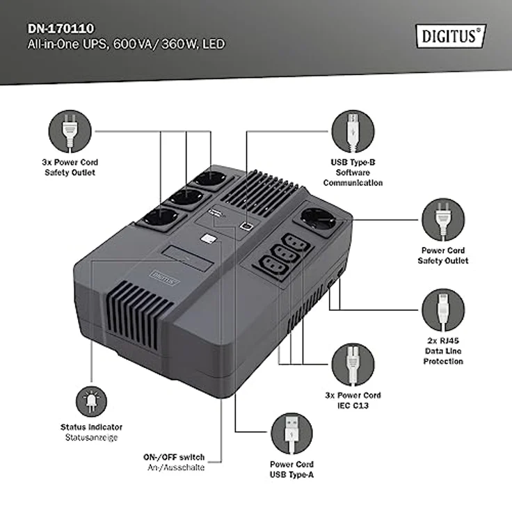 DIGITUS All-in-One Line-Interactive VI USV - 600VA - 360W - AVR - 4 Schutzkontakt-Steckdosen - 3x C13 - Shutdown-Software – Bild 2