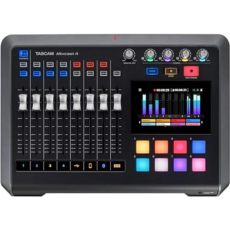 Tascam Mixcast 4, Studio- und Livemixer mit vier Mikrofoneingängen, Auto-Mixer-Funktion und 12,7 cm Farb-Touchscreen, Schwarz