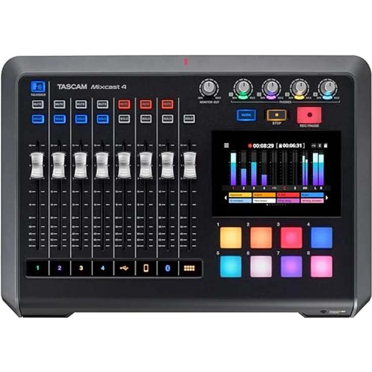 Tascam Mixcast 4, Studio- und Livemixer mit vier Mikrofoneingängen, Auto-Mixer-Funktion und 12,7 cm Farb-Touchscreen, Schwarz – Bild 1