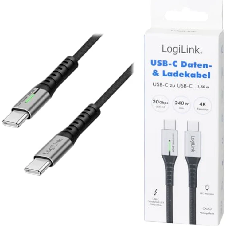 LogiLink CU0443 USB3.2 Kabel USB-C M/USB-C M, 240W Power Delivery, 4K 60Hz, 1,5m, schwarz, mit LED-Anzeige und Metallsteckern – Bild 9