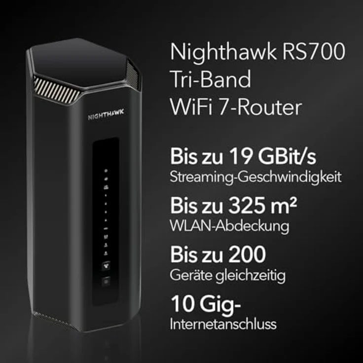 NETGEAR Nighthawk Tri-Band WiFi 7-Router (RS700S) - BE19000 WLAN-Geschwindigkeit (bis zu 19 GBit/s) - Abdeckung von bis zu 325 m², 200 Geräte - 10-Gig-Internetanschluss – Bild 2