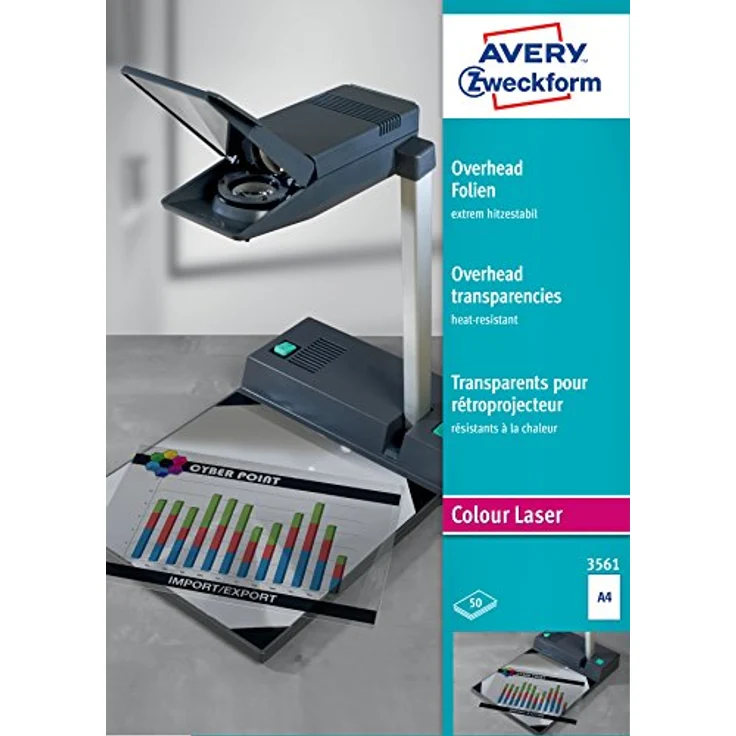 AVERY Zweckform 3561 Overhead-Folien für Farblaserdrucker (50 Transparentfolien, A4, spezialbeschichtet, stapelverarbeitbar, extrem hitzestabil durch erhöhte Folienstärke 0,13mm, lösemittelfrei) – Bild 1