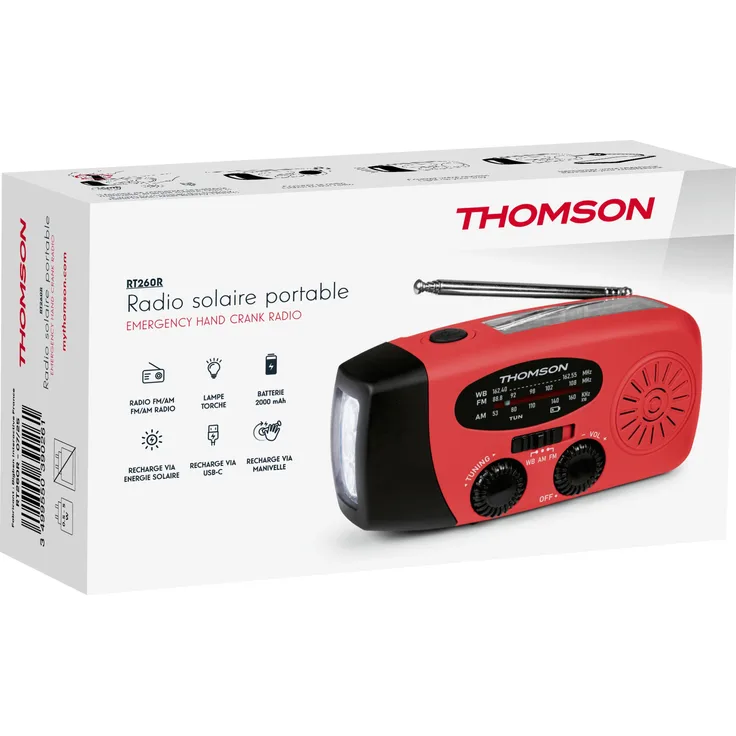 Thomson RT260R Notfallradio, FM/AM, Kurbel/Solar/USB-C, inklusive Taschenlampe und 2000mAh Powerbank-Funktion