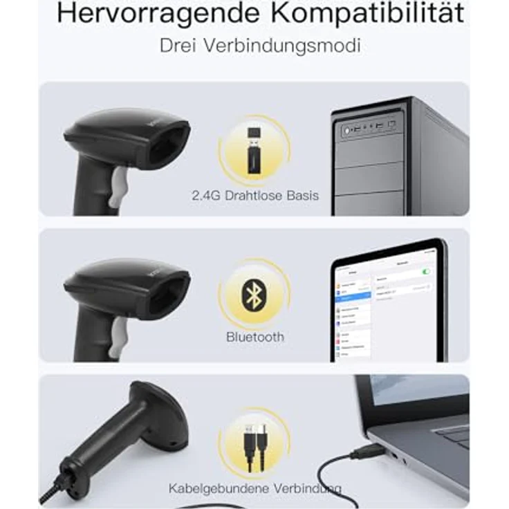 Inateck BCST-23, Bluetooth Barcode Scanner 1D 2D QR Code, kabellos mit 3 Monaten Akkulaufzeit, APP und SDK, dunkel – Bild 4