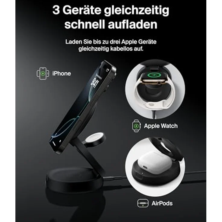 Belkin MagSafe Ladegerät 3-in-1 Ladestation, kabellos 15-W für iPhone 16, Apple Watch und AirPods, Qi2-zertifiziert, klappbar, inkl. 36-W-Netzteil – Schwarz – Bild 2