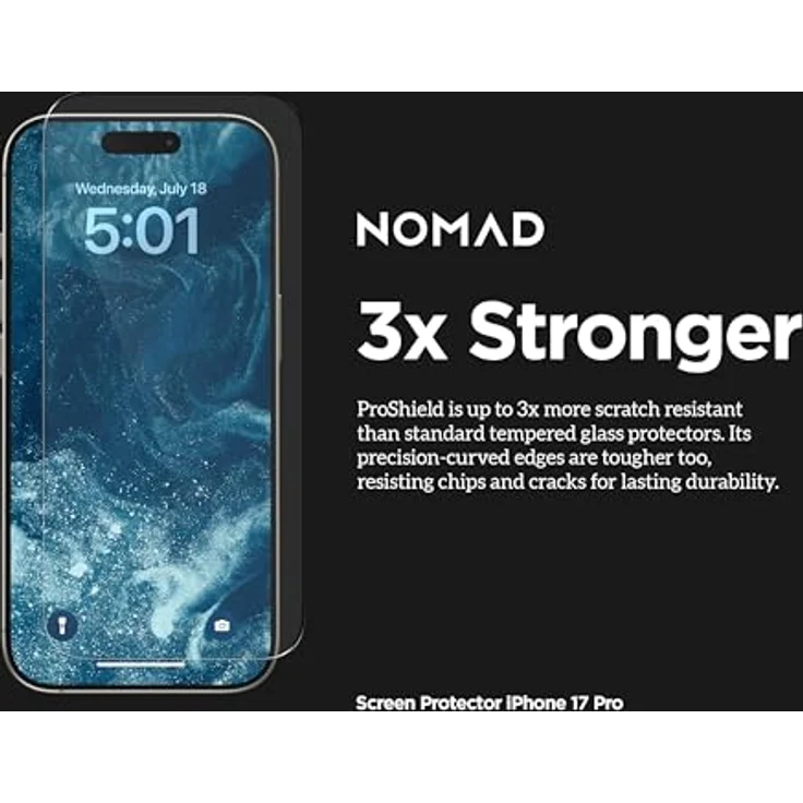 NOMAD Screen Protector für iPhone 17 und iPhone 17 Pro, Aluminium-Silikatglas, selbstklebend, kratzfest, ölabweisend, Face-ID kompatibel – Bild 4