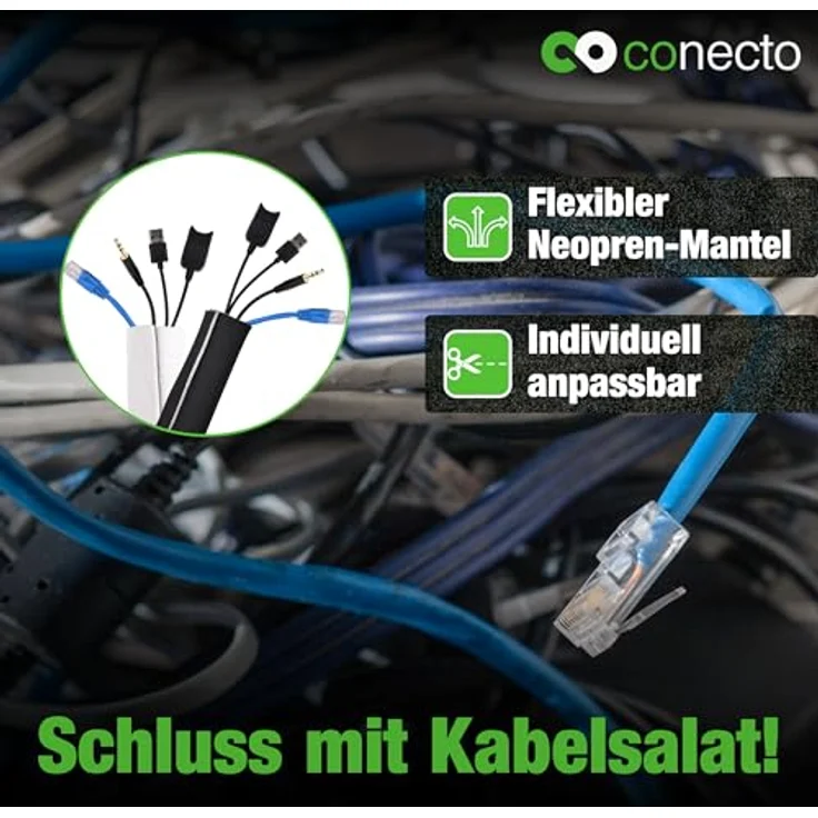 conecto Neopren Kabelschlauch mit Klettverschluss universell Kabelkanal Kabelmanagement Kabelorganizer Kabelführung schwarz-weiß, 1,5m – Bild 3