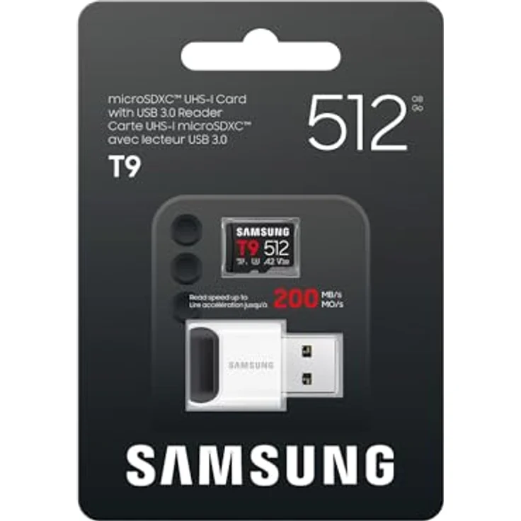 Samsung T9 microSD-Karte MB-MH512TB/WW, 512 GB mit USB-Kartenleser, UHS-I U3, 200 MB/s Lesen, 130 MB/s Schreiben, wasserfest, schwarz – Bild 3